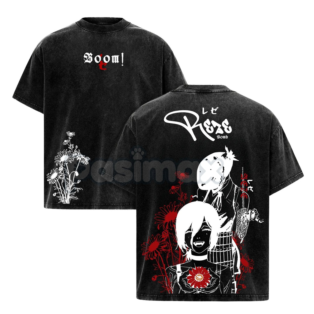 Pasimax Reze Chainsaw Man T-Shirt – Vintage Washed Oversized Heavy Cotton Tee, Bomb Devil Graphic — main product shot