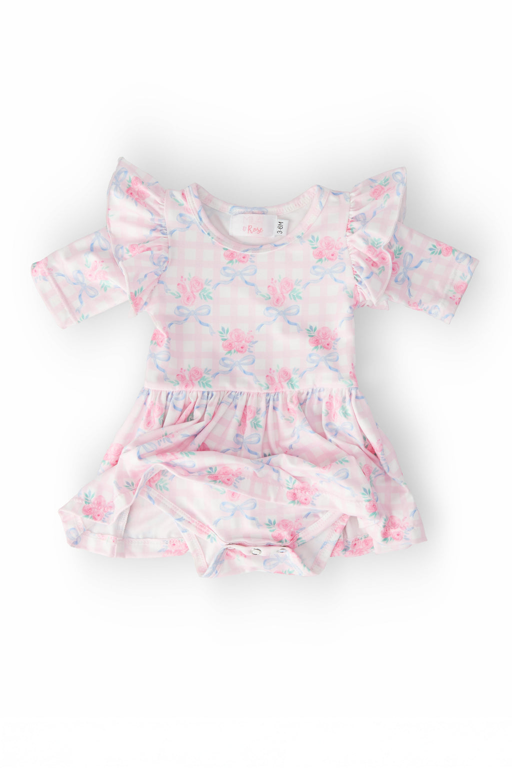 Mila & Rose ® Ribbons & Roses 3/4 Sleeve Flutter Twirl Bodysuit — detail close-up