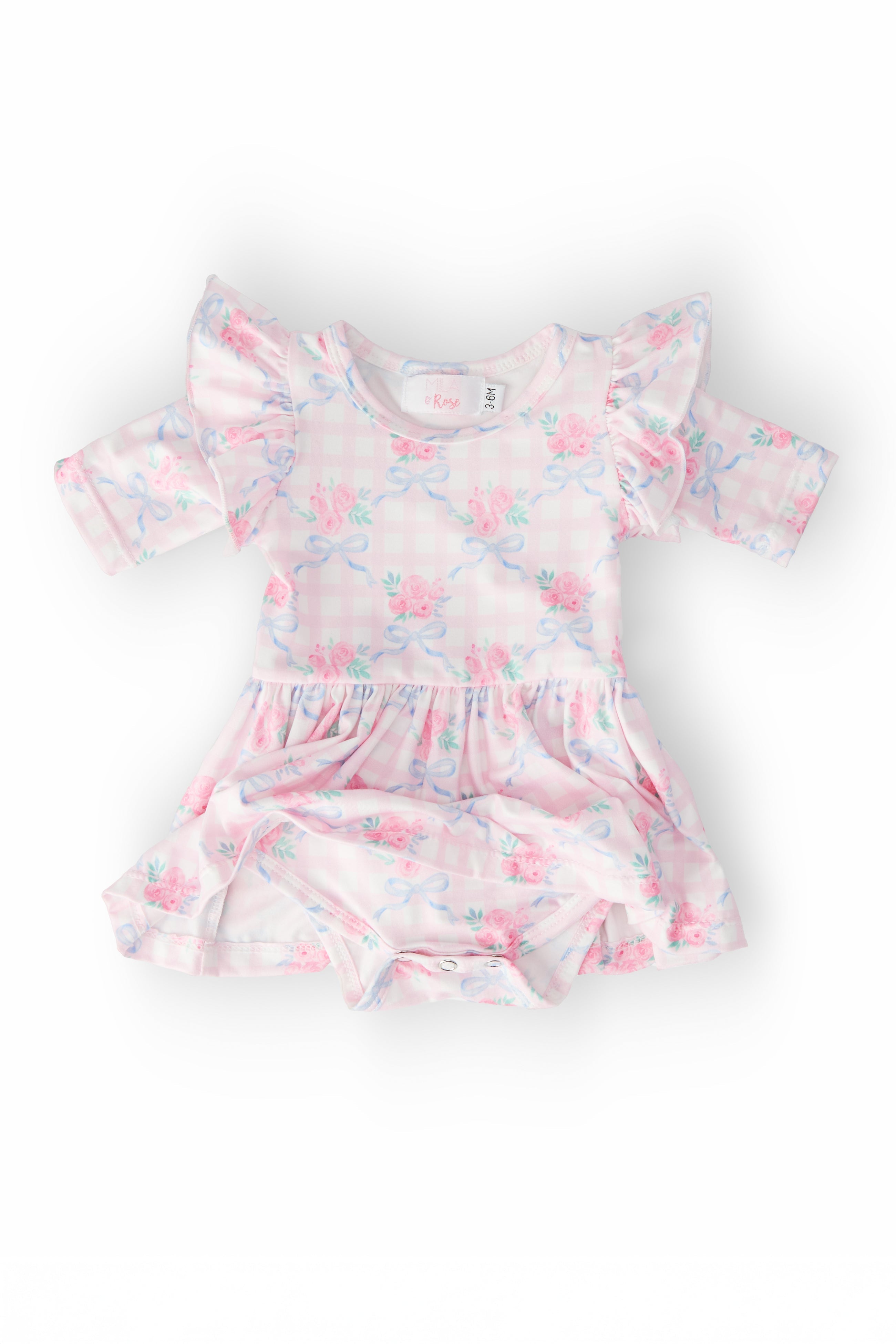 Mila & Rose ® Ribbons & Roses 3/4 Sleeve Flutter Twirl Bodysuit — detail close-up