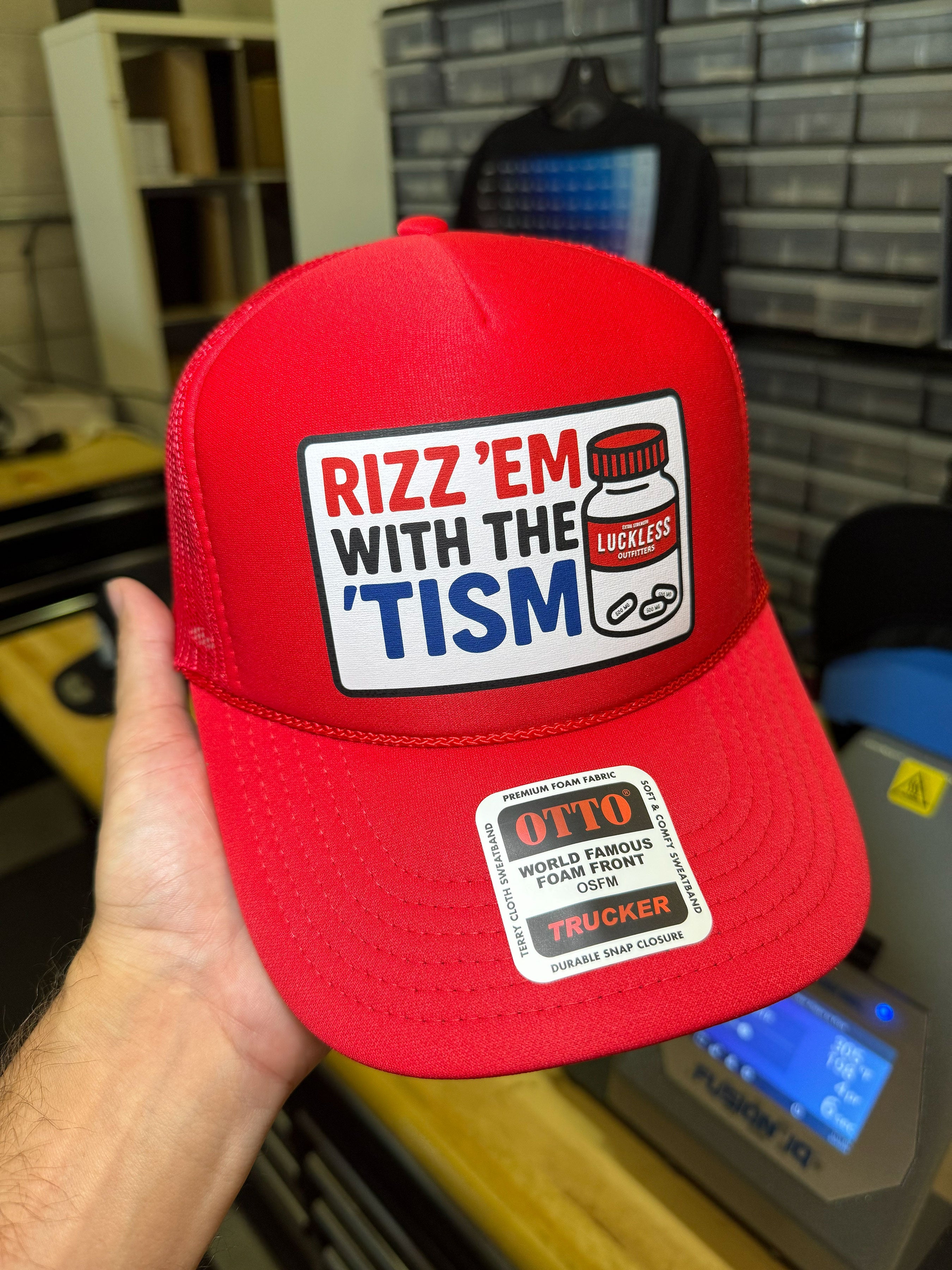 Luckless Outfitters Rizz 'Em With The 'Tism | Funny Trucker Hat — side view