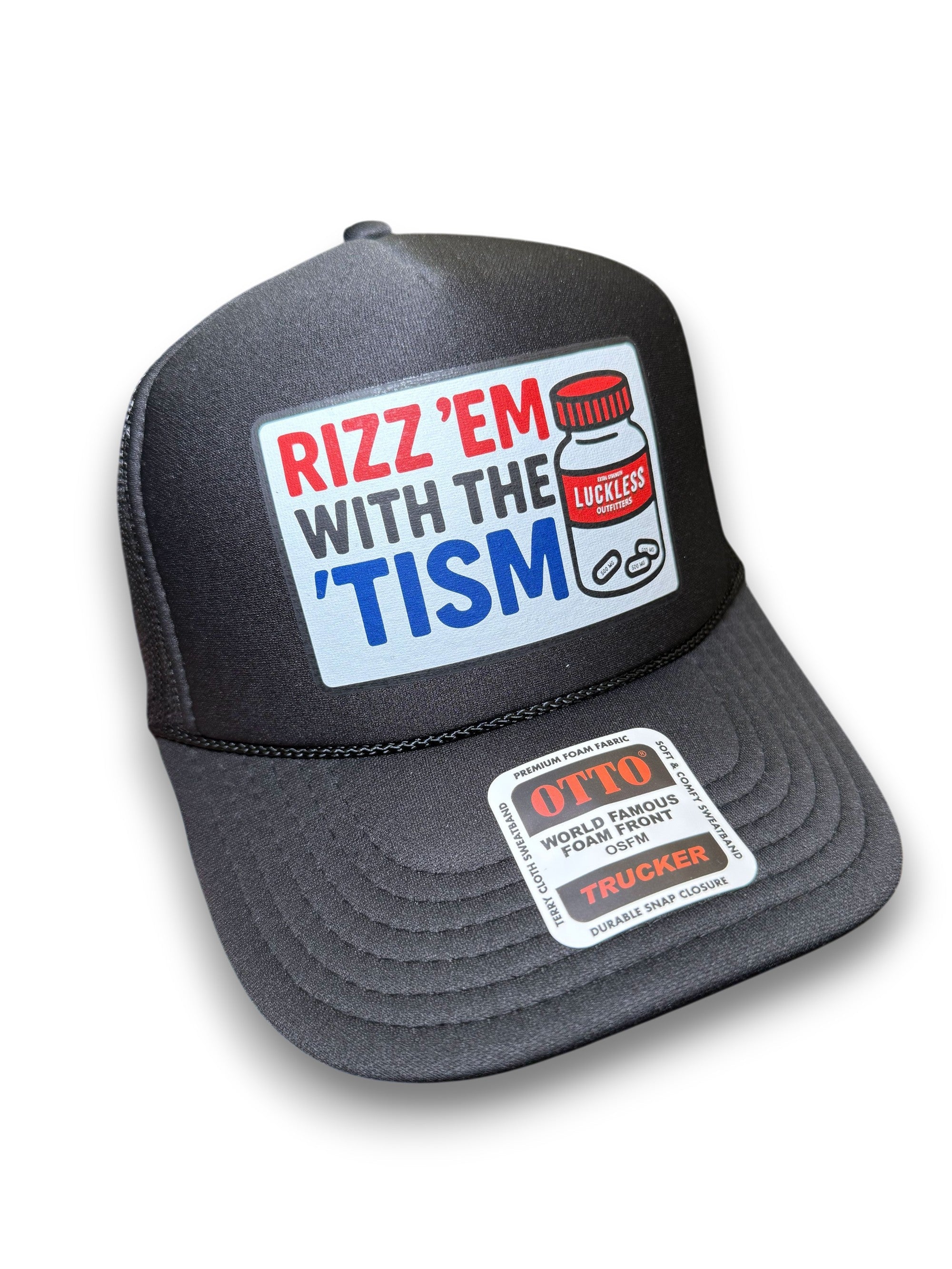 Luckless Outfitters Rizz 'Em With The 'Tism | Funny Trucker Hat — detail close-up