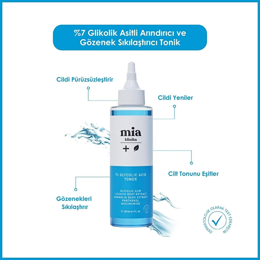 Mia Klinika 7% Glycolic Acid Toner: Pore Refining, Exfoliating & Skin Brightening - Achieve Radiant, Even Skin Tone