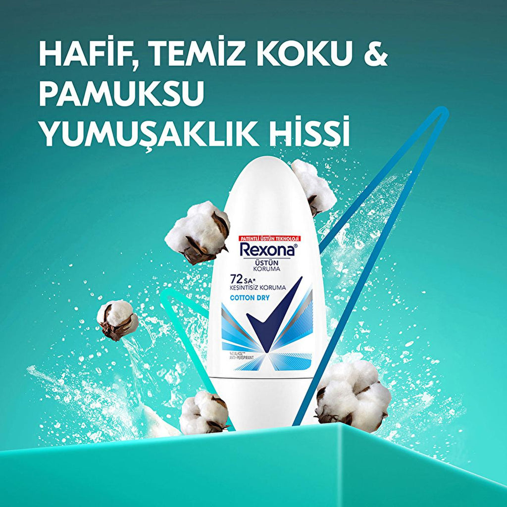 Rexona Cotton Dry Roll-On Deodorant for Women: 72-Hour Protection, Hypoallergenic, and Soft Cotton Extracts - Stay Fresh All Day.