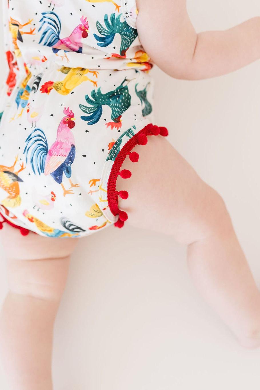 Mila & Rose ® Rooster Pom Pom Romper — detail close-up