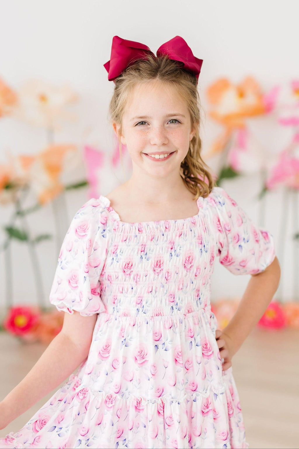 Mila & Rose ® Rose Garden Smocked Ruffle Dress — in-use photo