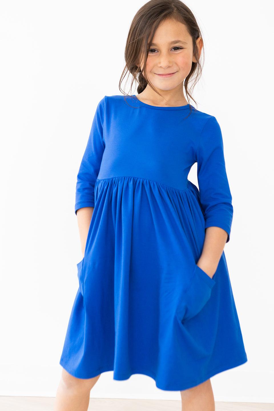 Mila & Rose ® Royal Blue 3/4 Sleeve Pocket Twirl Dress — detail close-up