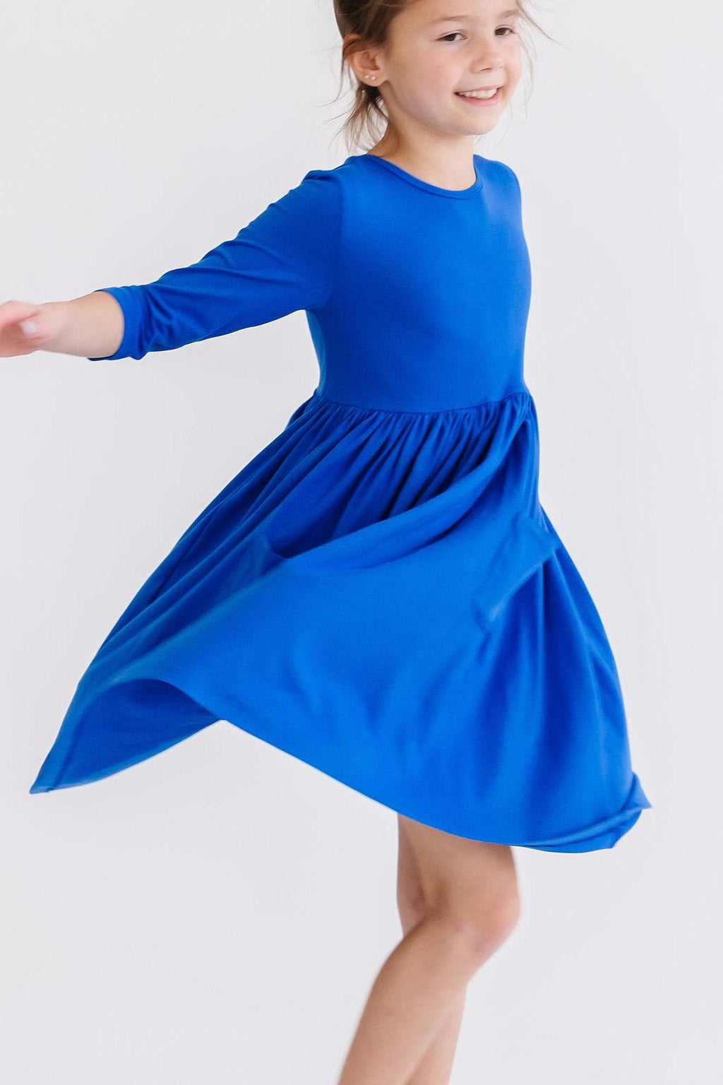 Mila & Rose ® Royal Blue 3/4 Sleeve Pocket Twirl Dress — in-use photo