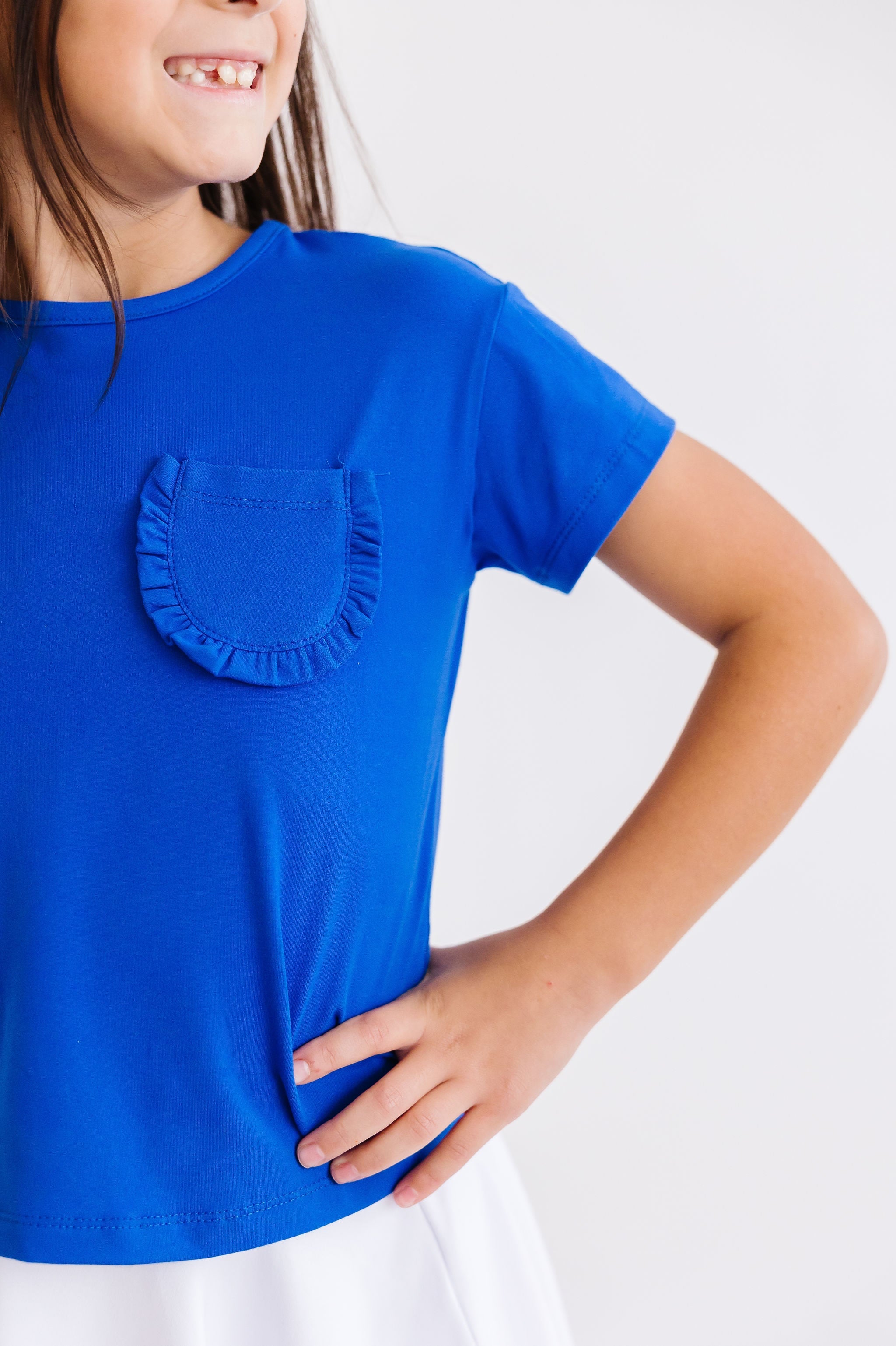 Mila & Rose ® Royal Blue Ruffle Pocket Tee — detail close-up