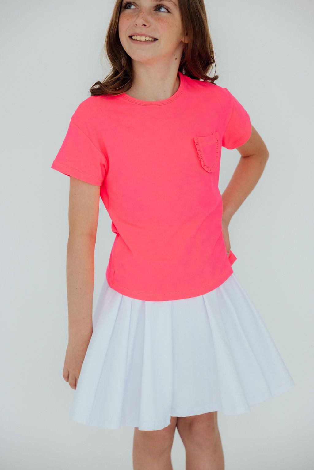 Mila & Rose ® Neon Pink Ruffle Pocket Tee — lifestyle context