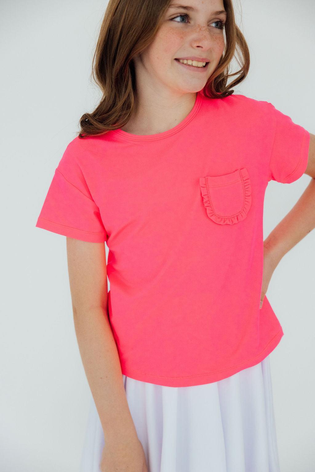 Mila & Rose ® Neon Pink Ruffle Pocket Tee — side view
