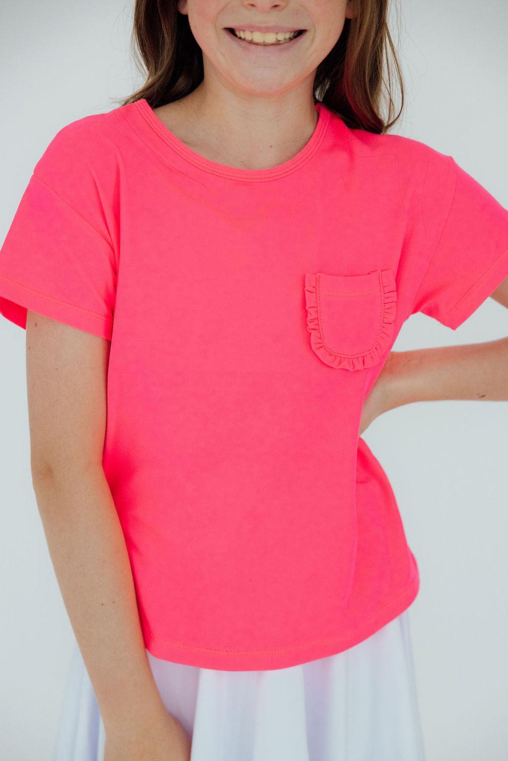 Mila & Rose ® Neon Pink Ruffle Pocket Tee — detail close-up