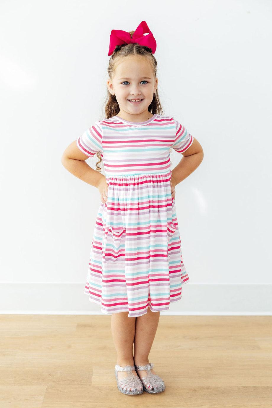 Mila & Rose ® Pastel Stripes S/S Pocket Twirl Dress — side view