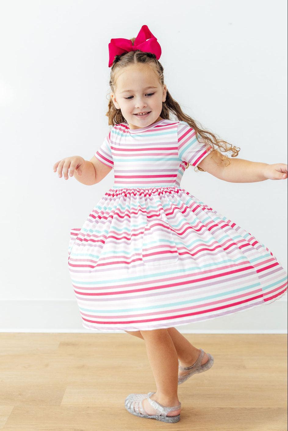 Mila & Rose ® Pastel Stripes S/S Pocket Twirl Dress — alternative angle