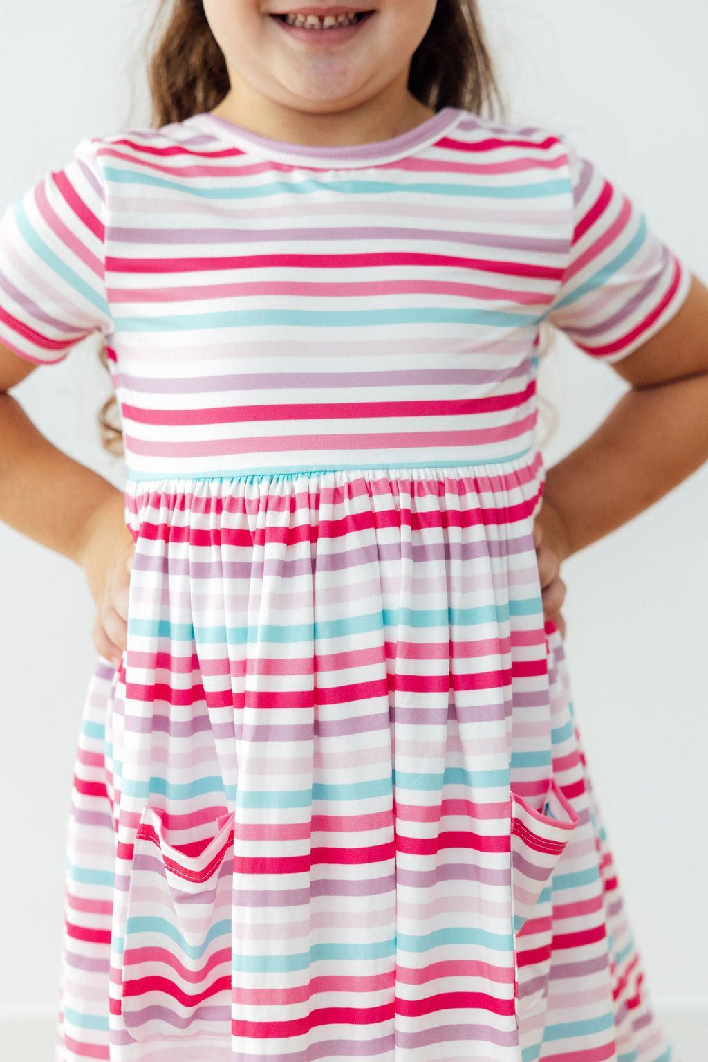 Mila & Rose ® Pastel Stripes S/S Pocket Twirl Dress — back view