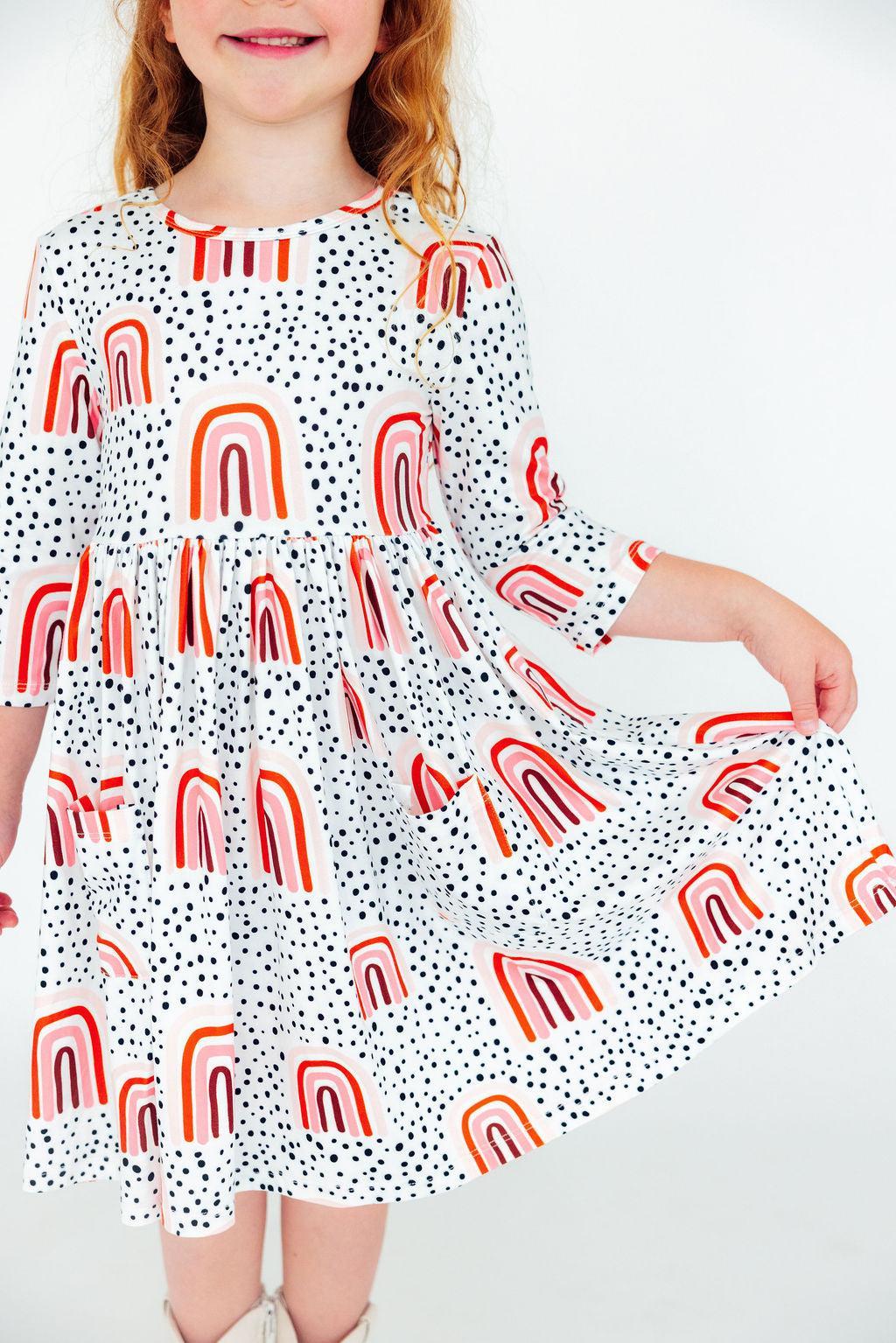 Mila & Rose ® Peach Rainbow 3/4 Sleeve Pocket Twirl Dress — alternative angle