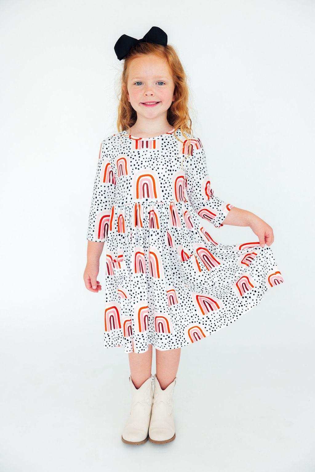 Mila & Rose ® Peach Rainbow 3/4 Sleeve Pocket Twirl Dress — in-use photo