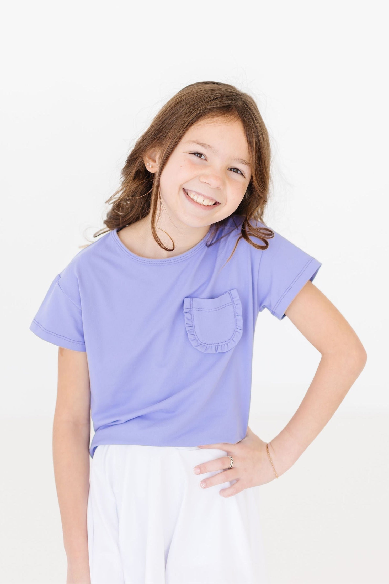 Mila & Rose ® Periwinkle Ruffle Pocket Tee — back view