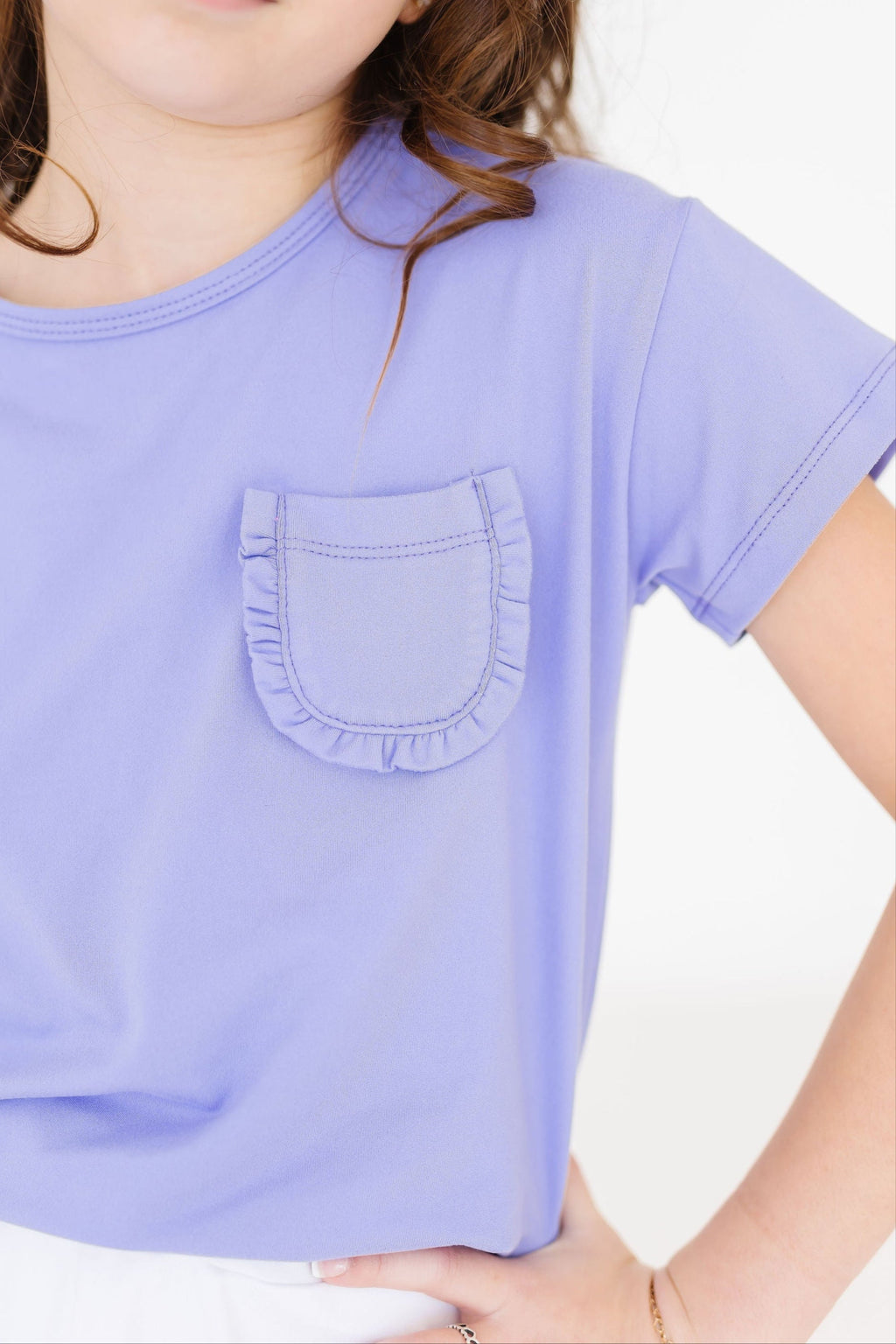 Mila & Rose ® Periwinkle Ruffle Pocket Tee — detail close-up