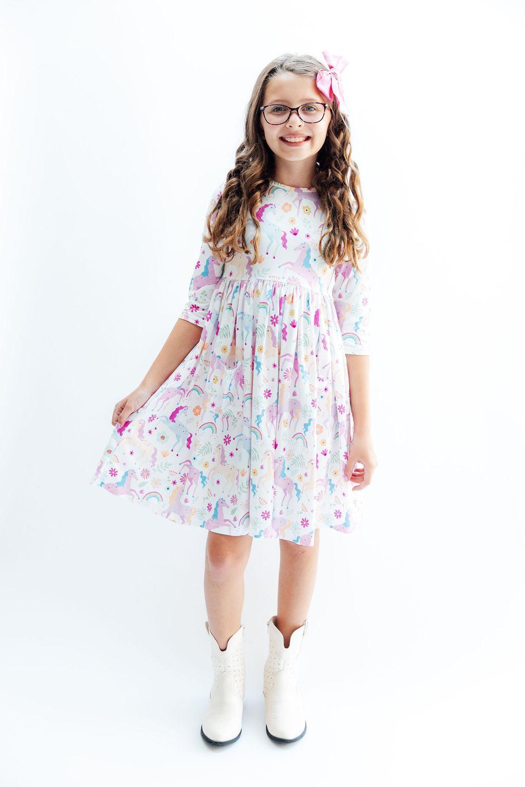 Mila & Rose ® Rainbow Vibes 3/4 Sleeve Pocket Twirl Dress — detail close-up