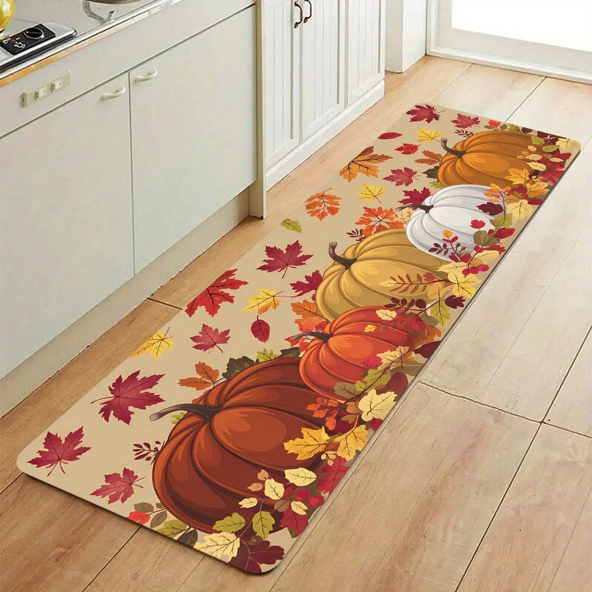 Perfecsy VIKAMA Thanksgiving Carpet Pumpkin Maple Leaf Carpet Kitchen Rug Long Carpet Doormat Living Room Bedroom Sofa Soft F