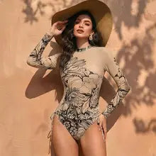 Women's Two Piece Long Sleeve Mesh Swimsuit UPF 50+ Padded Beachwear