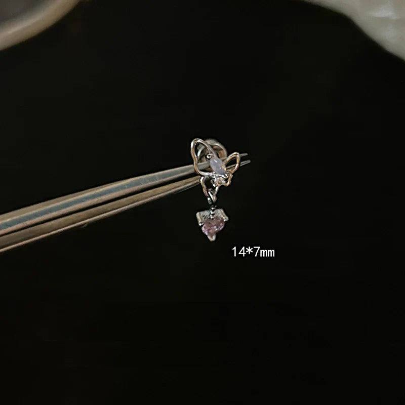 MyClosetAid 1 PCS Pink Bowknot Shiny Ear Bone Nail 316L Stainless Steel Korean Style Zircon Crystal Earring Women Y2K Cute Co