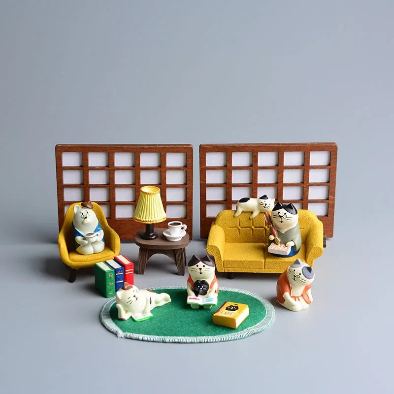 Perfecsy ZAKKA Miniatures Study Bookcase Home Decor Cute Cartoon Cat Retro Desk Gramophone Ornament Crafts Dollhouse Accessor
