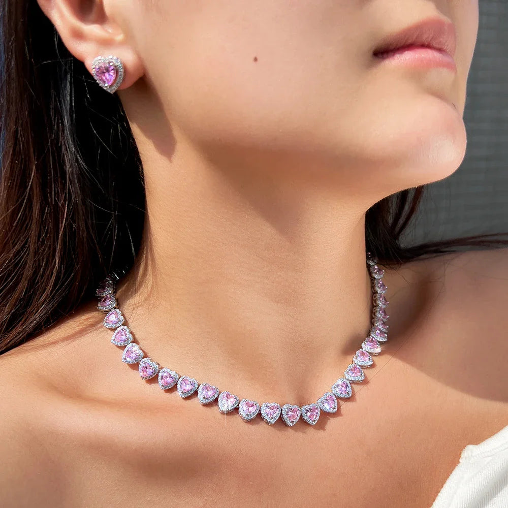 MyClosetAid Pink Cubic Zirconia Big Heart Shape Necklace Earrings Set — detail close-up