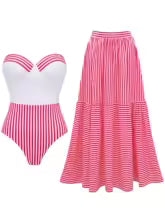Women's Striped One-Piece Swimwear – Convertible Bandeau Push-Up Swim Dress