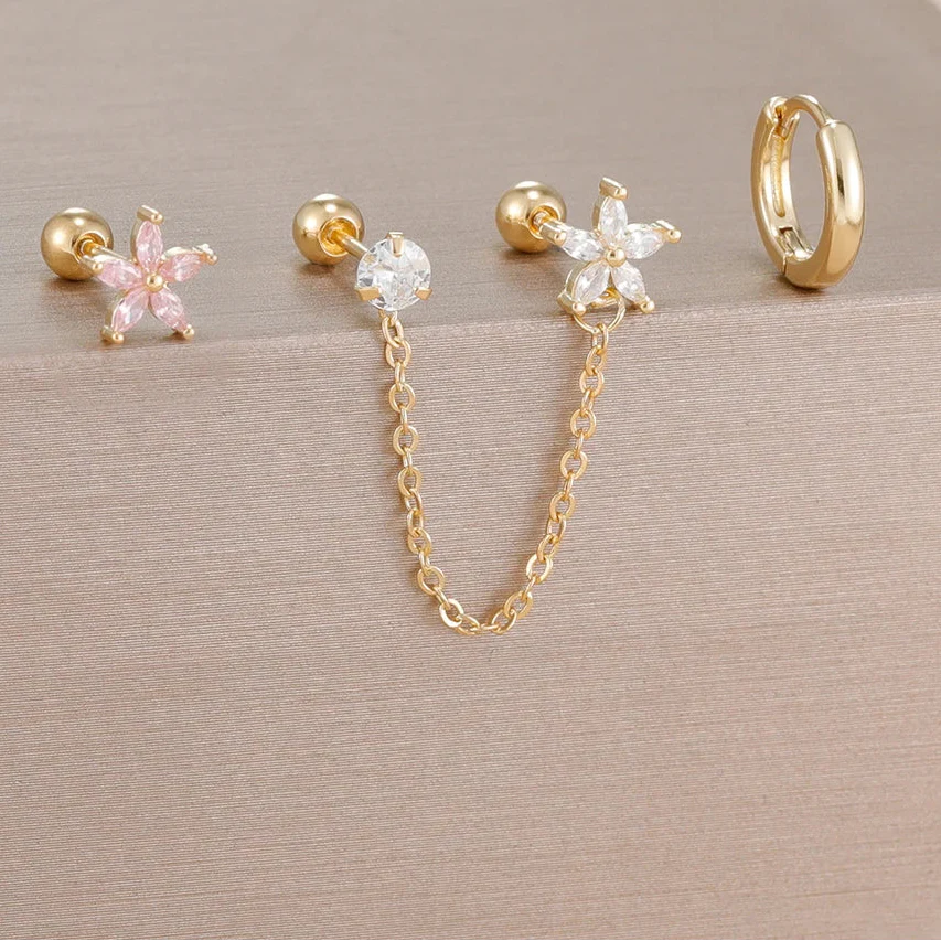 SORI STYLE 3PCS Zircon Flower Ear Stud Earrings — flat-lay composition