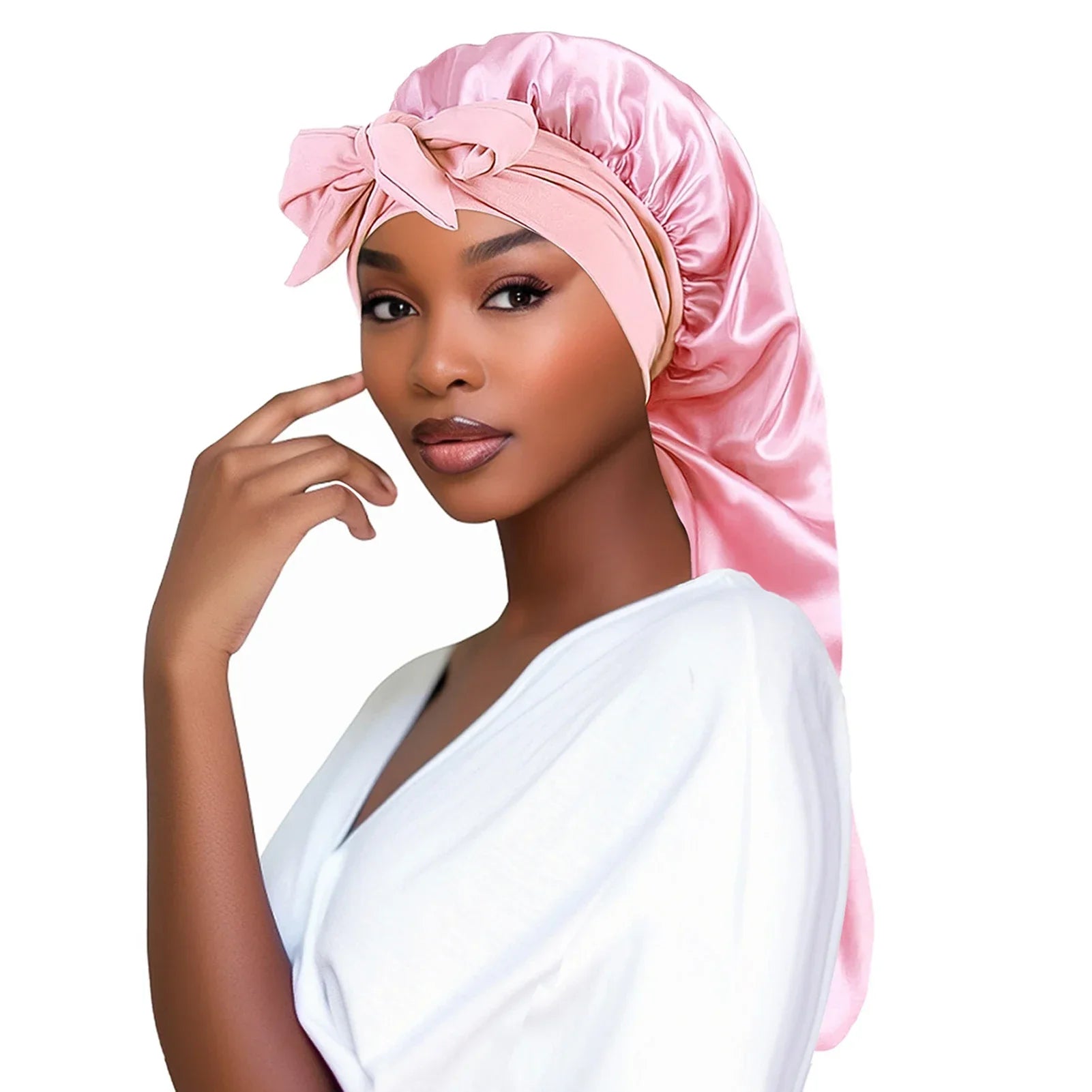Perfecsy Women Bonnet Satin Sleeping Hat Long Tail Braid Hair Night Sleep Cap Head Cover Bonnets Shower Caps for Sauna Bathin