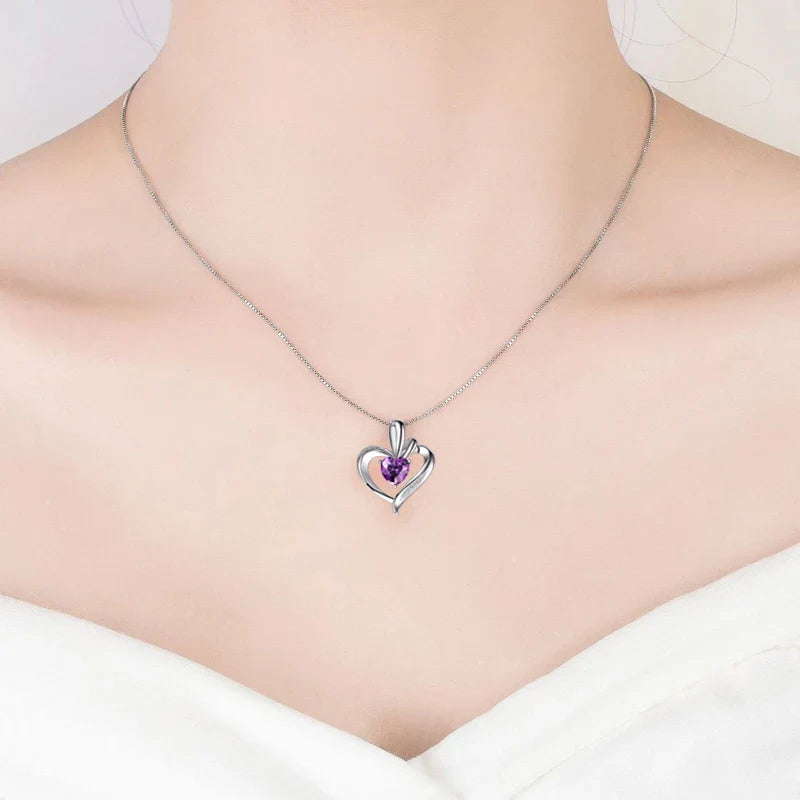 SORI STYLE 925 Silver Purple Zircon Heart Pendant Necklace — detail close-up