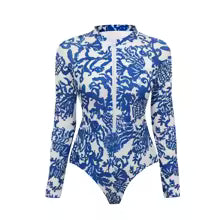 WAVECHO Women's Long Sleeve Zip Front One Piece Swimsuit Floral