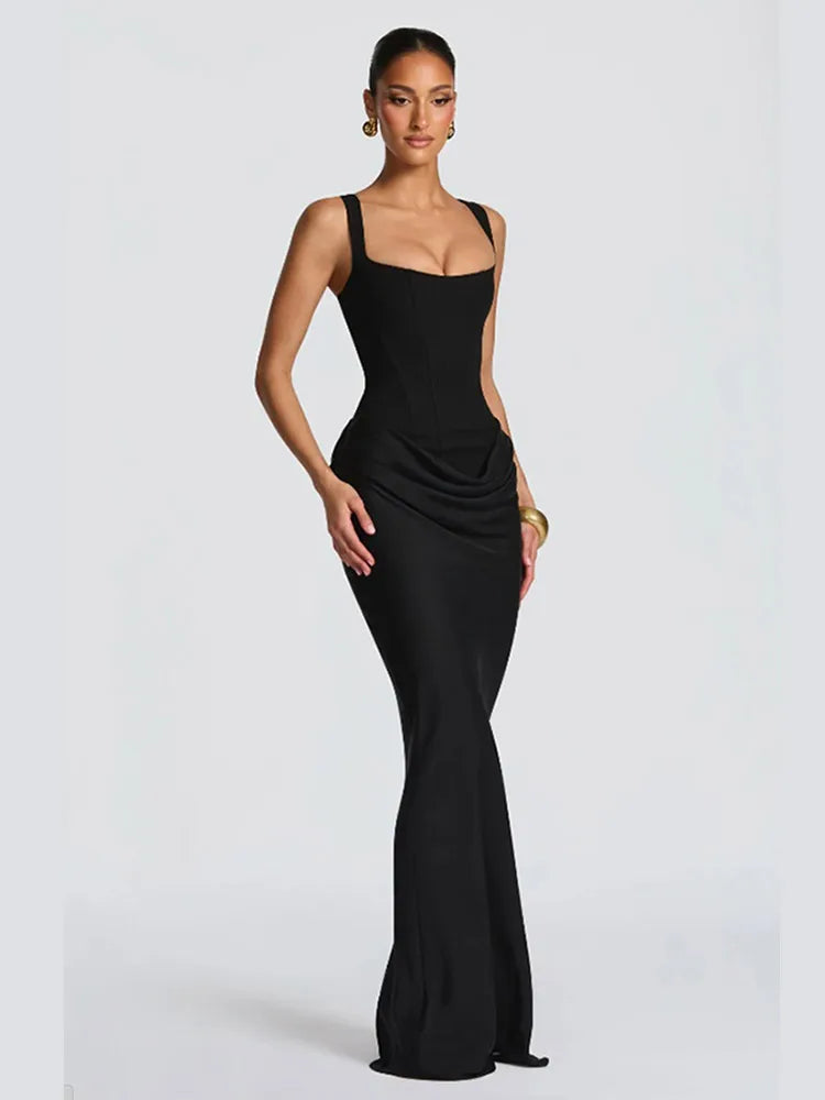 Women's Black Velvet Sheer Maxi Dress Mesh Patchwork Off-shoulder Waist Cinching