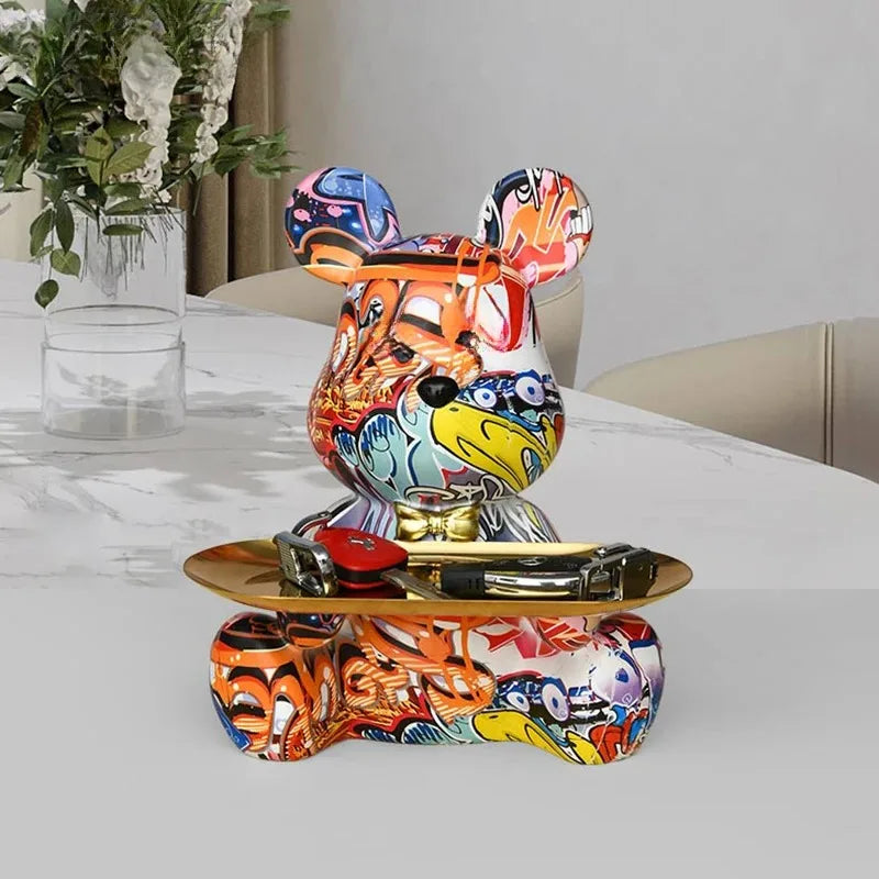 Perfecsy Trendy Colorful Graffiti Bear Abstract Resin Storage Statue Cute Doodle Animal Organizer Desk Holder for Home Office