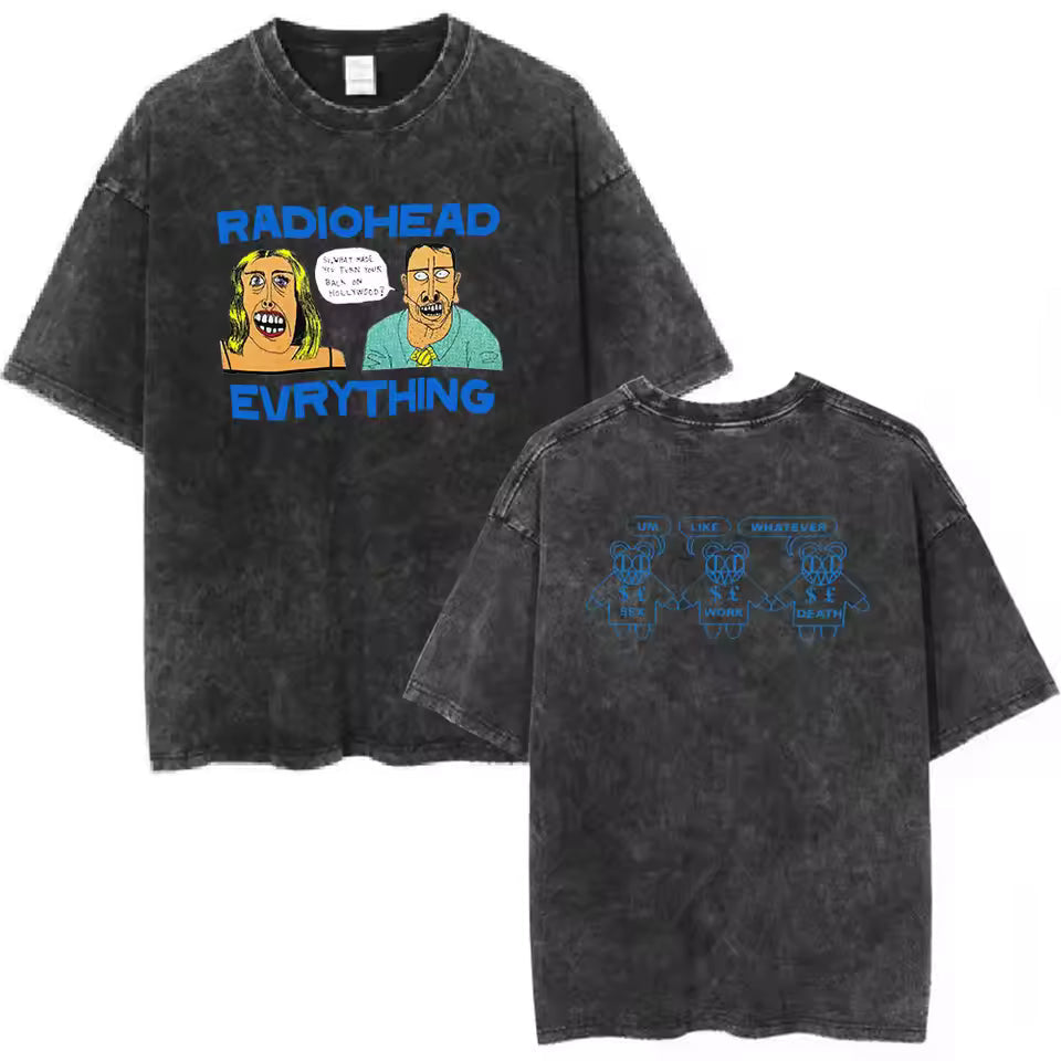 Radiohead Rock Band Washed Cotton T-Shirt – Retro Alternative Rock Graphic Tee, Vintage Distressed Heavyweight Style Unisex Concert Top
