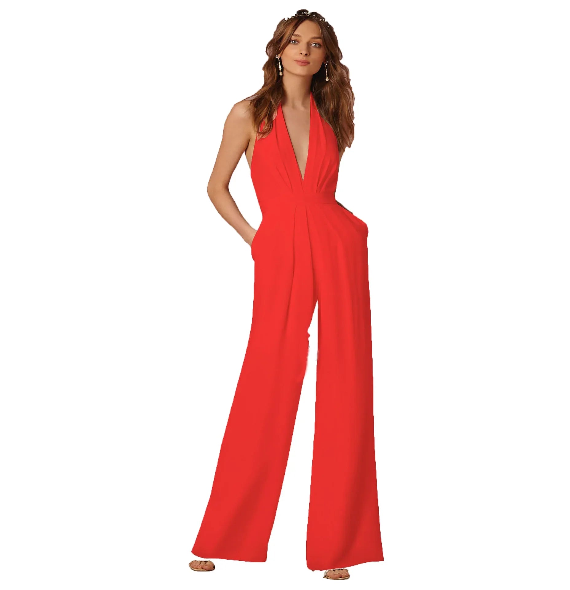 Envy NYC Women Deep V-neck Sleeveless Halter Wide Leg Jumpsuit — product category context