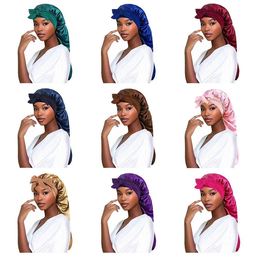 Perfecsy Women Bonnet Satin Sleeping Hat Long Tail Braid Hair Night Sleep Cap Head Cover Bonnets Shower Caps for Sauna Bathin