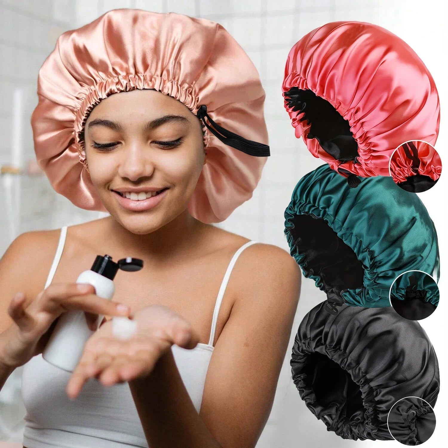 Perfecsy Women's Fashion Bonnet Soft Silk Smooth Double Layered Button Adjustable Hair Hat for Daily Home Comfortable Sleep H