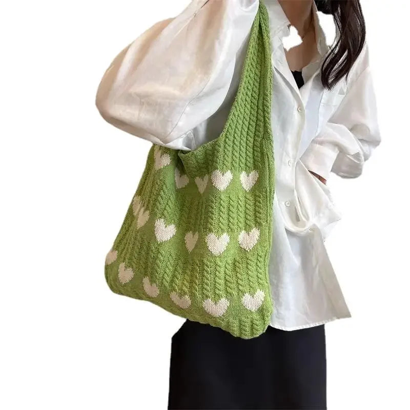 Perfecsy 1pc Knitted Bag, Heart-shaped Tote Bag, Women's Diagonal Shoulder Bag, Fashionable and Personalized Woven Bag — back