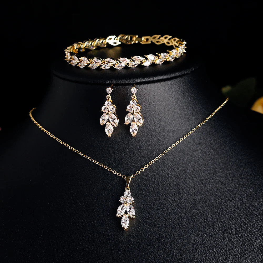 Brilliant Zirconia Leaf Necklace, Earrings & Bracelet Set