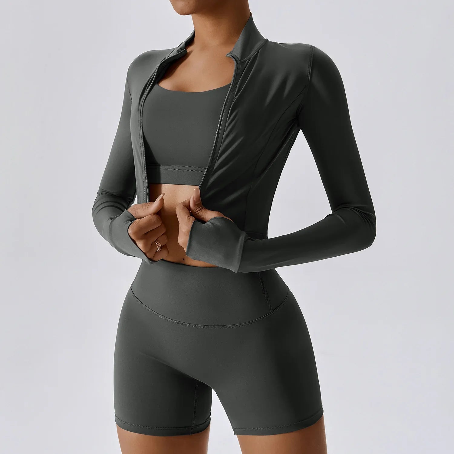 3-Piece Yoga Set Women Long Sleeve Zip Jacket High Waist Leggings