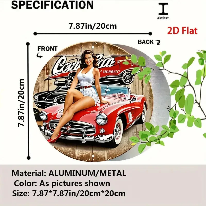 Perfecsy [2D Flat] Vintage Car Metal Tin Sign -Round Aluminum Wall Decor with Classic Car Girl Illustration, Retro Red Car — 