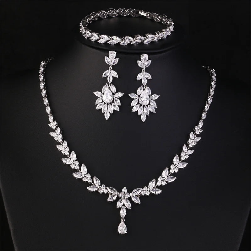 Brilliant Zirconia Leaf Necklace, Earrings & Bracelet Set