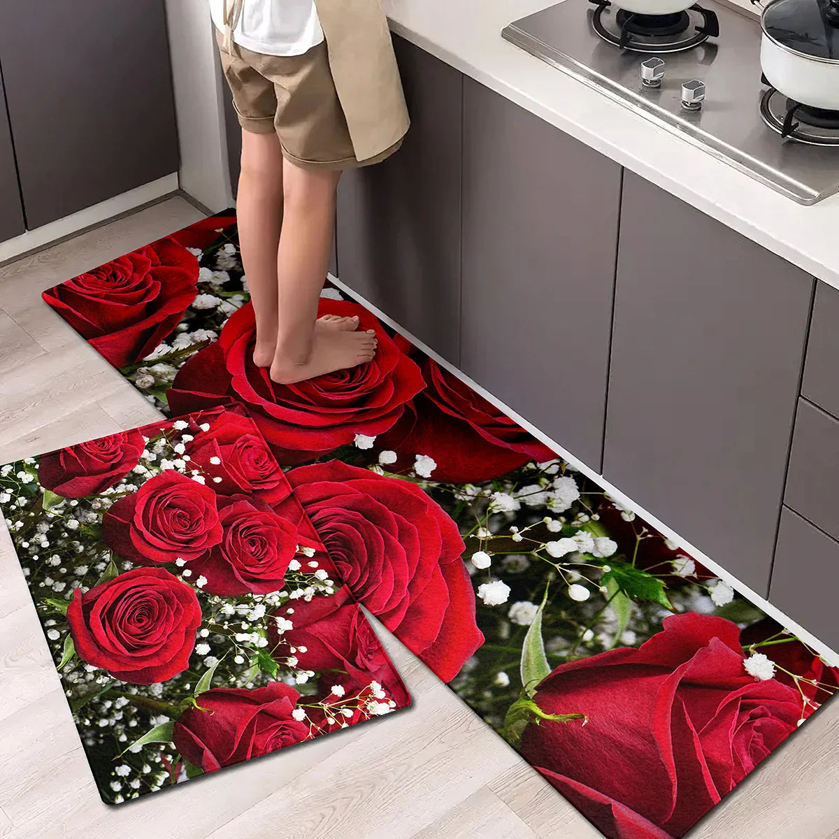 Perfecsy VIKAMA 1/2pc Valentine's Day Romantic Rose Print Rug, Non-Slip, Dirt-Proof. For Kitchen, Bathroom, Entrance Home Dec