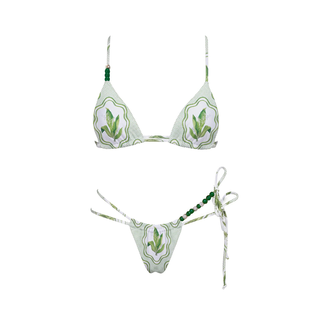Beaded Print Halter Bikini Set High Leg Low Waist
