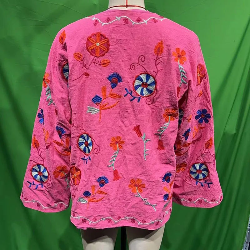 Women's V-Neck Lace Up Flare Cardigan Embroidered Pink