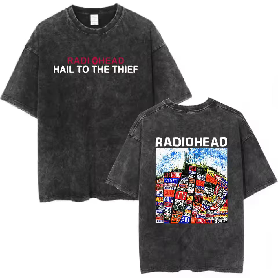 Radiohead Rock Band Washed Cotton T-Shirt – Retro Alternative Rock Graphic Tee, Vintage Distressed Heavyweight Style Unisex Concert Top