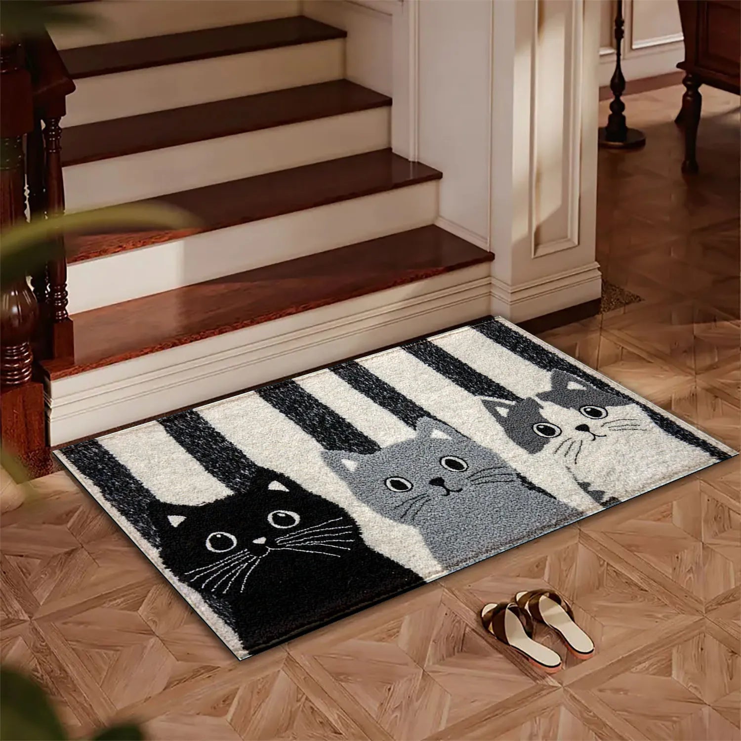 Perfecsy VIKAMA Striped Cartoon Cat Carpet Soft Doormat Waterproof Floor Mat Rug For Bedroom Carpet For Live Room Outdoor Car