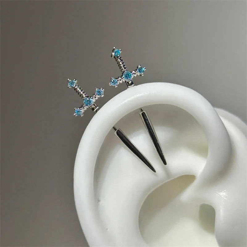 MyClosetAid New Fashion Love Wings Cross Stainless Steel Ear Bone Nail Shiny Zircon Trendy Thread Earring for Women Body Pier